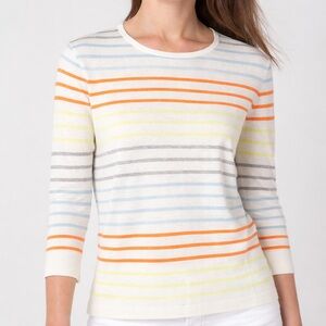 Kinross Aegean Ivory Multi Silk Cashmere Striped Crewneck Sweater